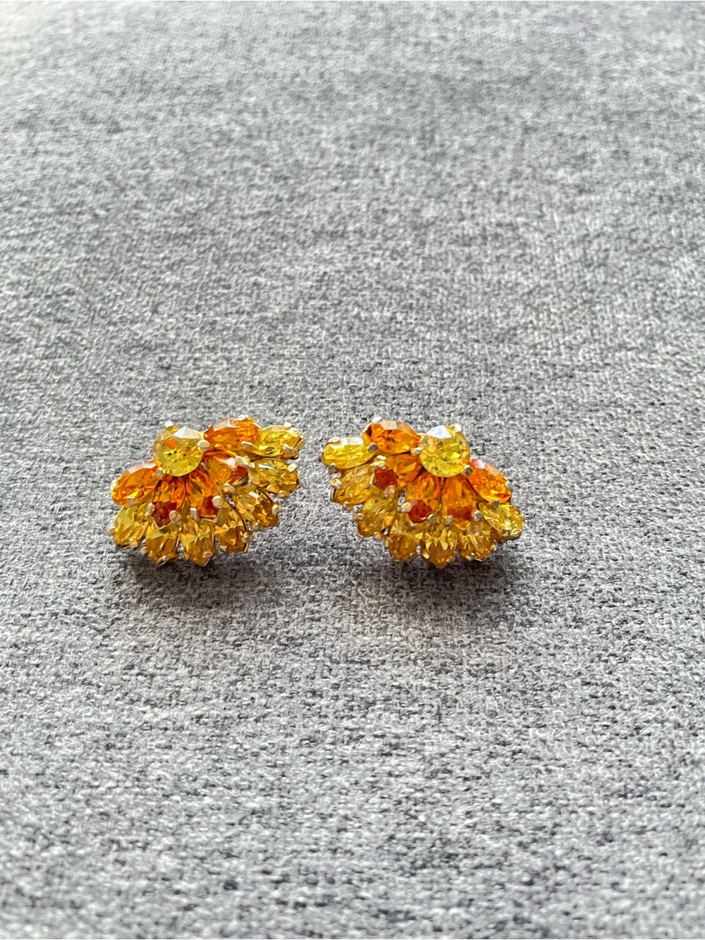 Vintage Signed Sherman Yellow & Orange Crystal Cluster Clip Earrings